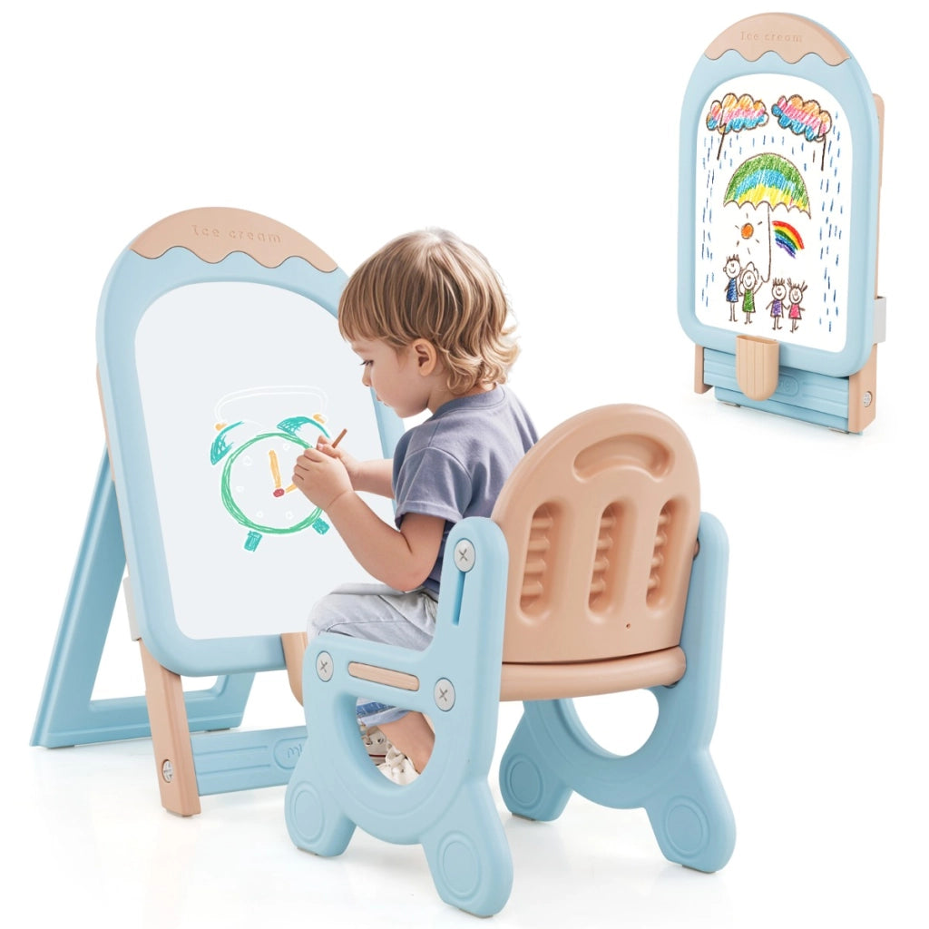Cavalletto regolabile e pieghevole con lavagna e scatola portaoggetti, Cavalletto da disegno per bambini con sedia Blu-Cavalletti e lavagne bambini