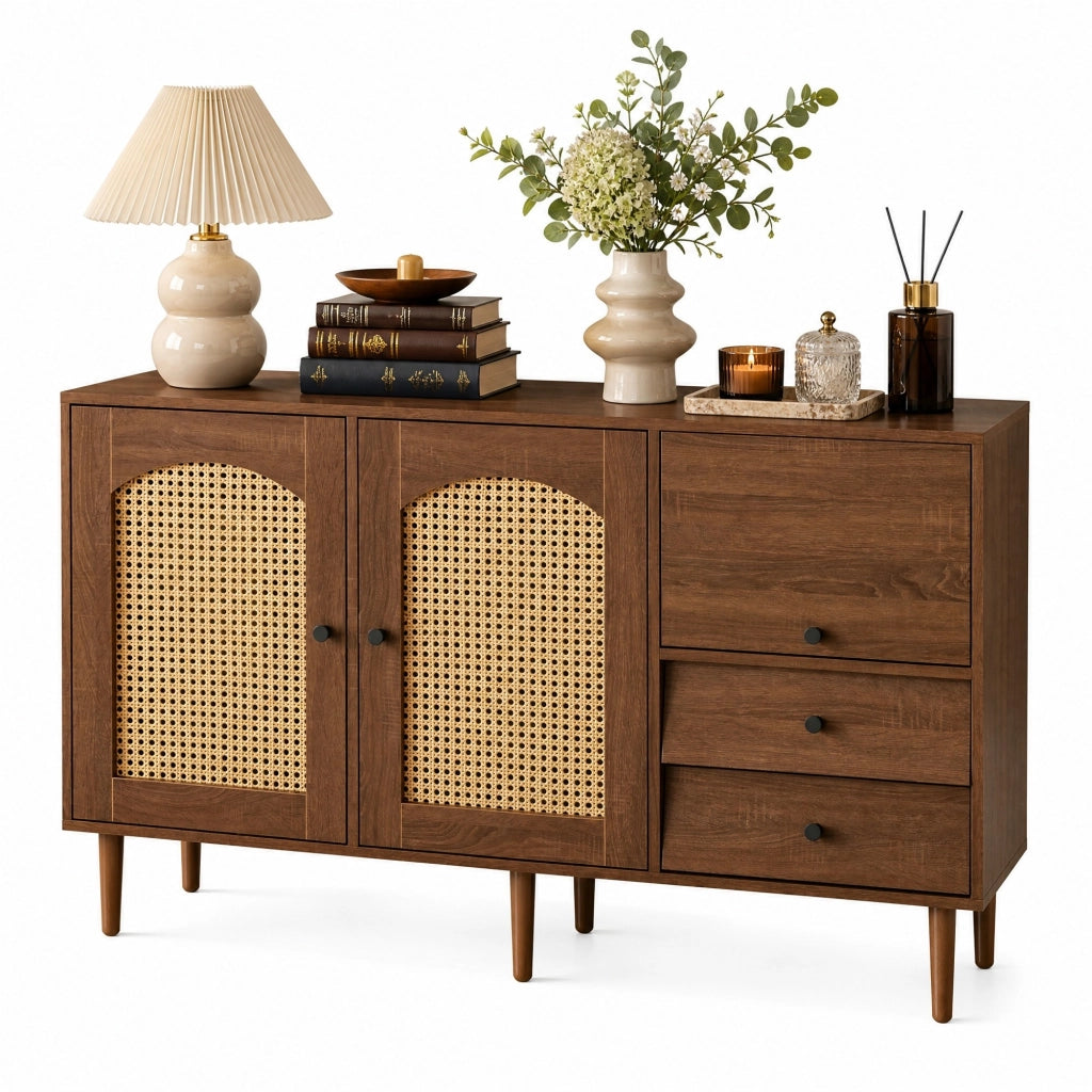 Credenza country con ante in rattan, 130x40x75,5 cm