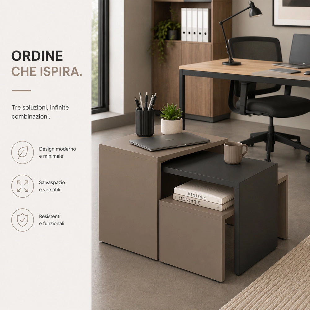 Tavolino Caffe Divano Salotto Rettangolare 3Pz Moderno Legno Moka e Antracite