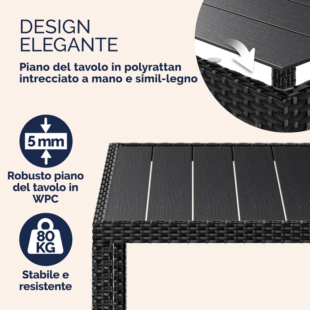 ® Mobili da Giardino in Polyrattan 4 Sedie Impilabili Tavolo 90x90cm in WPC Legno Resistente Terrazzo Balcone Set da Pranzo per Esterno Nero
