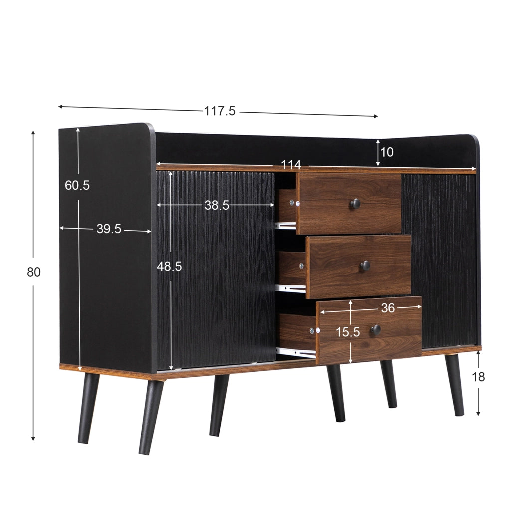 Credenza moderna nera e legno con ante scorrevoli e 3 cassetti