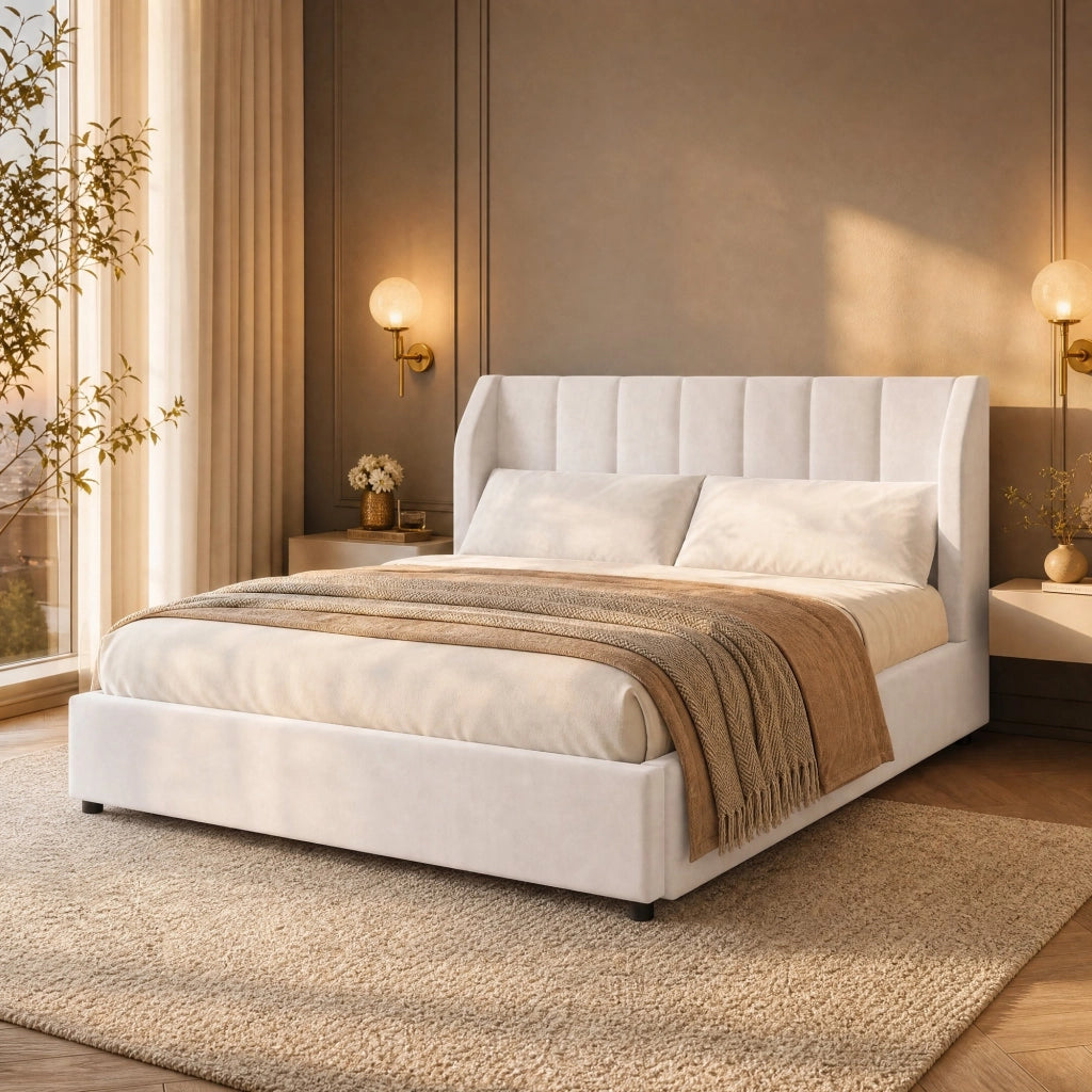 Letto imbottito 140x200 cm con rete a doghe in MDF e flanella beige