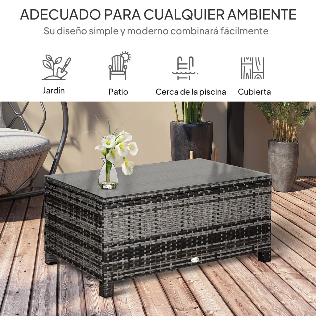 Tavolo da giardino in rattan sintetico con piano in vetro temperato ¨C zephmum ¨C 85x50x39 cm grigio