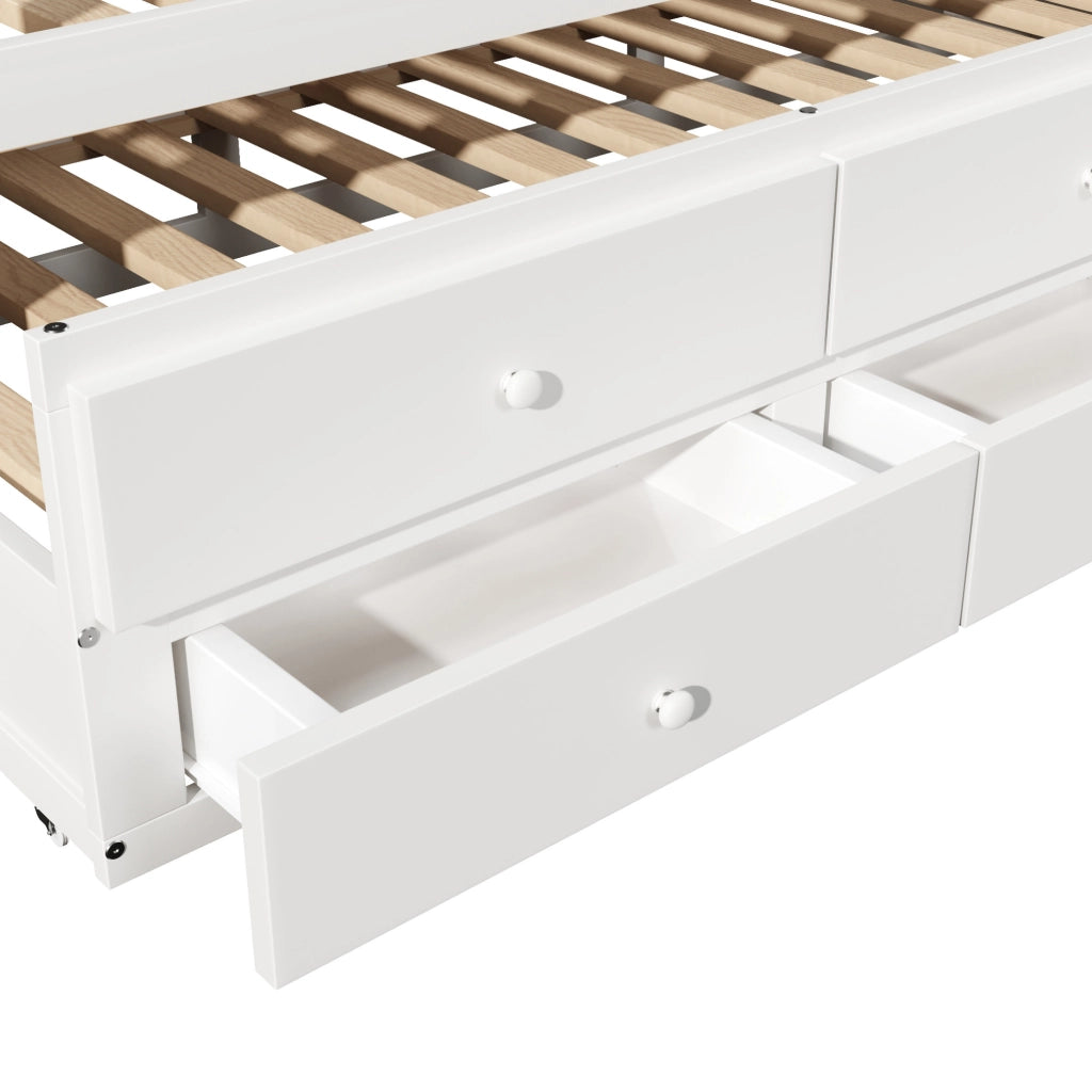 Letto a una piazza 90x200 cm con cassetti e letto estraibile in pino e MDF bianco