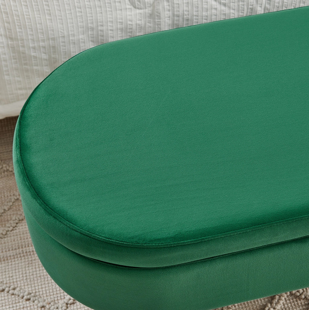 Panca contenitore ovale in velluto verde scuro 110x40x42 cm con base in metallo