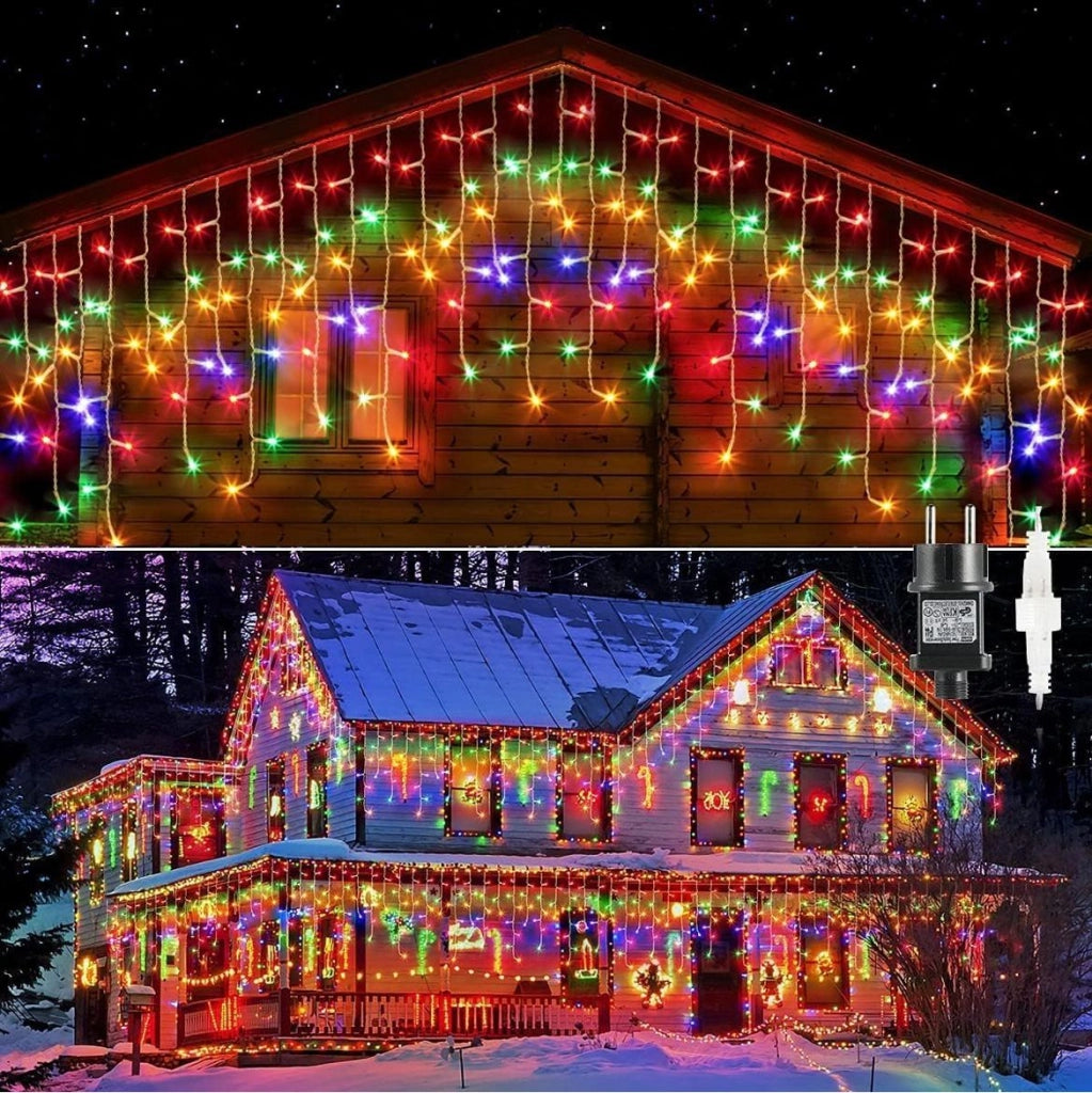 Tenda luminosa luci natalizie con 380 LED da 10 mt prolungabile con luci multicolor e flash bianco freddo intermittente per balcone facciate interno esterno IP44 cascata