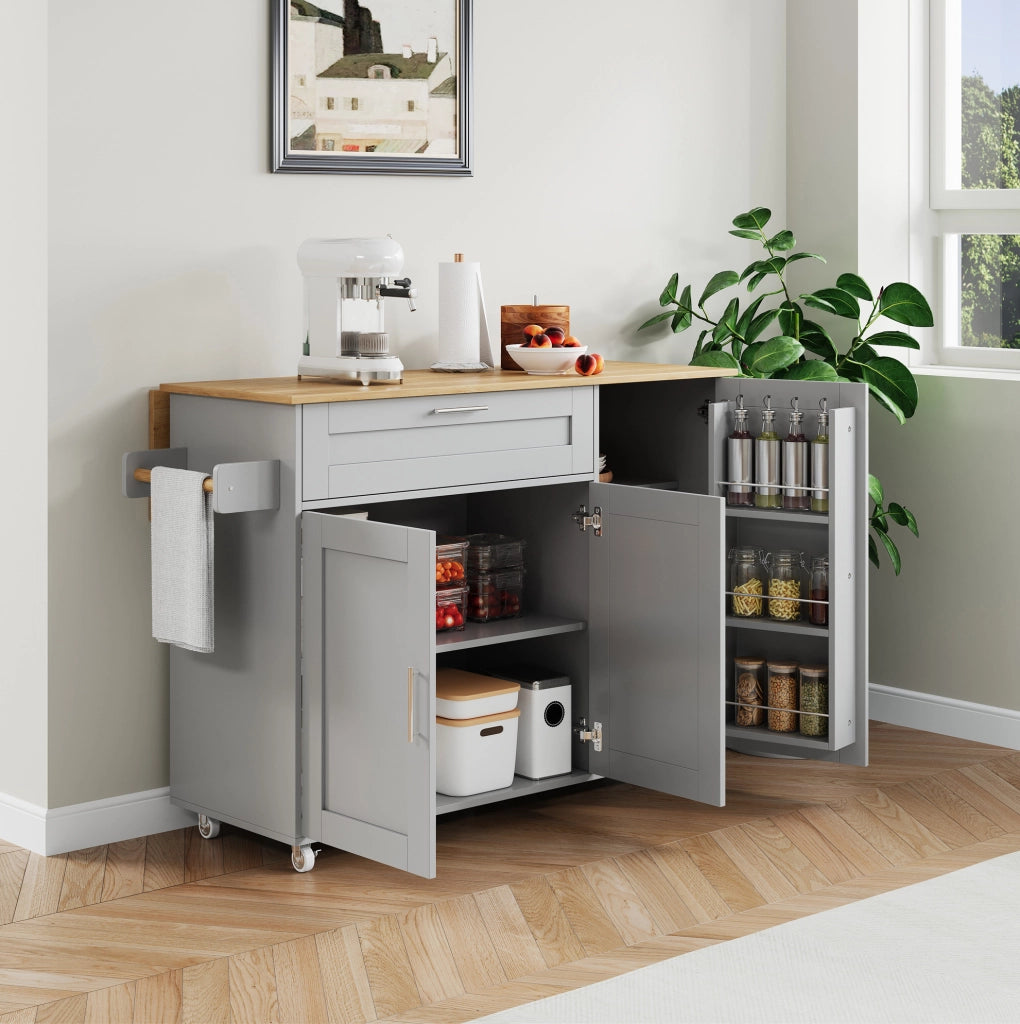 Carrello da cucina grigio con piano pieghevole, armadi e 5 ruote