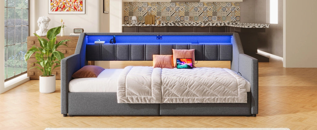 Letto singolo 90x200 con prese USB e USB-C; LED multicolore; cassetti e letto estraibile 180x200; grigio