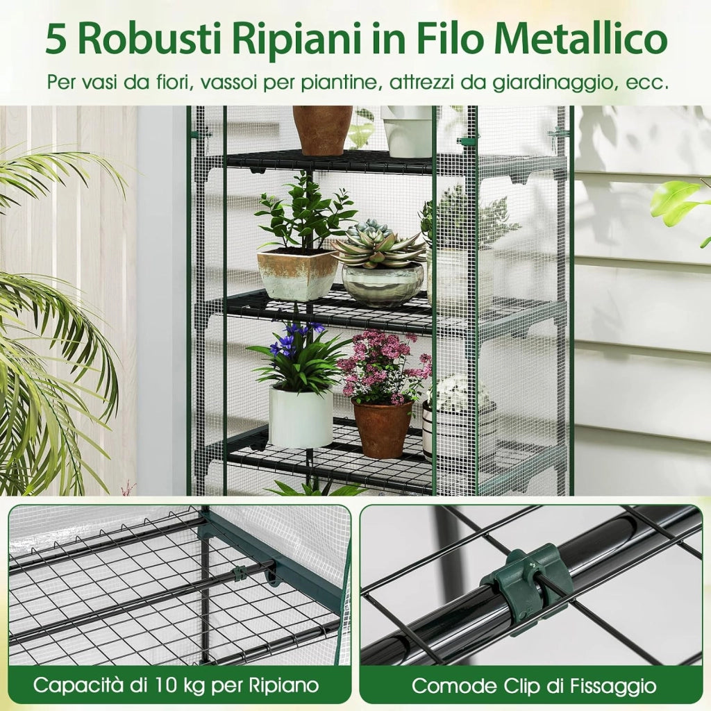 Mini Serra da Esterno ed Interno, Serra da Giardino con 5 Ripiani, Copertura in PE, Porta con Cerniera a Rotolo e Telaio in Metallo Antiruggine, Ideale per Balcone, Patio e Giardino