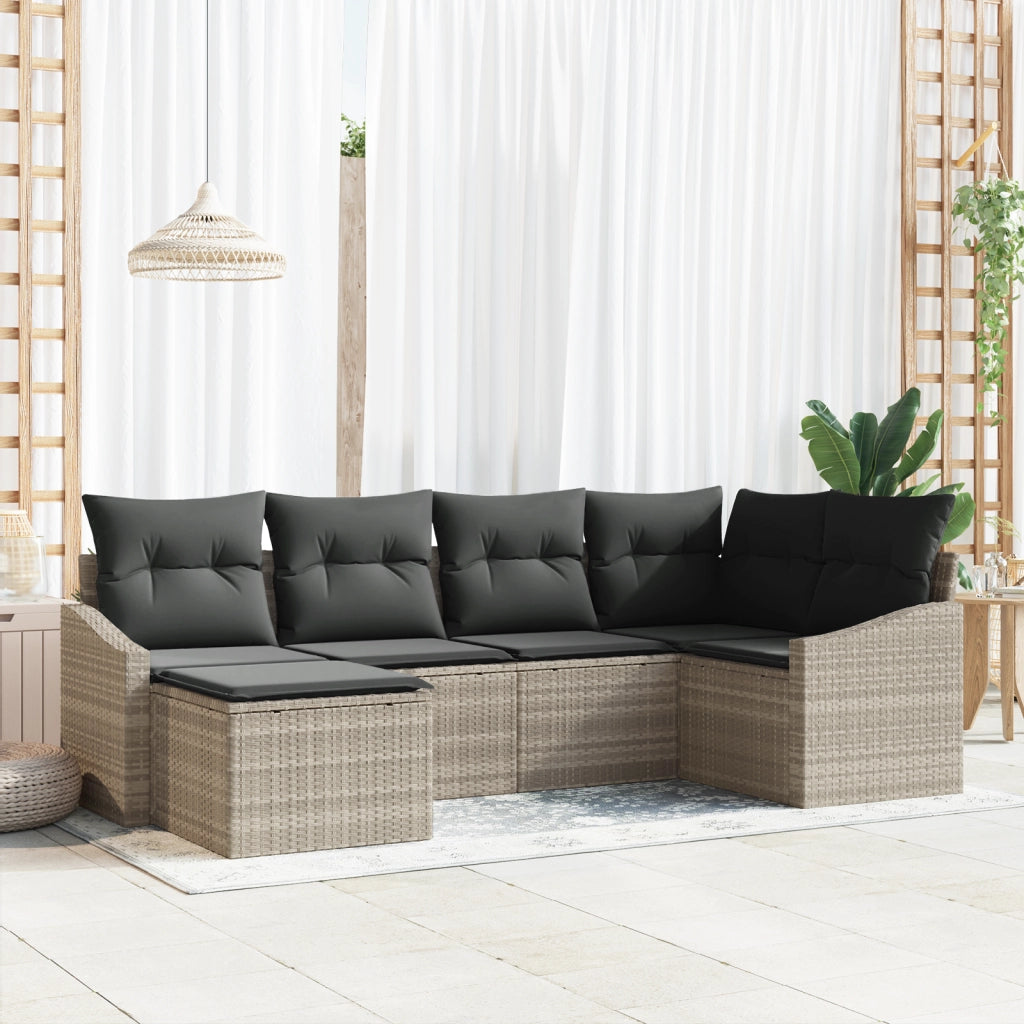 Set da Pranzo da Giardino a 6 Pezzi con Cuscini Grigio Chiaro in Rattan Poliestere