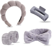 Set di asciugamani per viso morbidi con strisce per polso, fascia per viso antiscivolo, fascia per capelli, clip per capelli, fascia per capelli con strisce per polso, adatto per la cura della pelle e la makeup, colore grigio