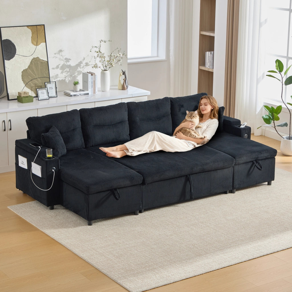 Divano a 4 posti con doppia chaise longue; contenitore; portabicchieri e USB Type-C; nero