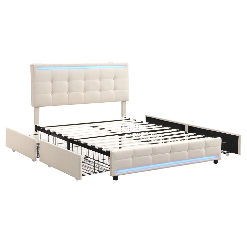 Letto Imbottito Contenitore 140x200 con LED ¨C MINIMAL ¨C Tessuto Beige, 4 Cassetti, 2 USB