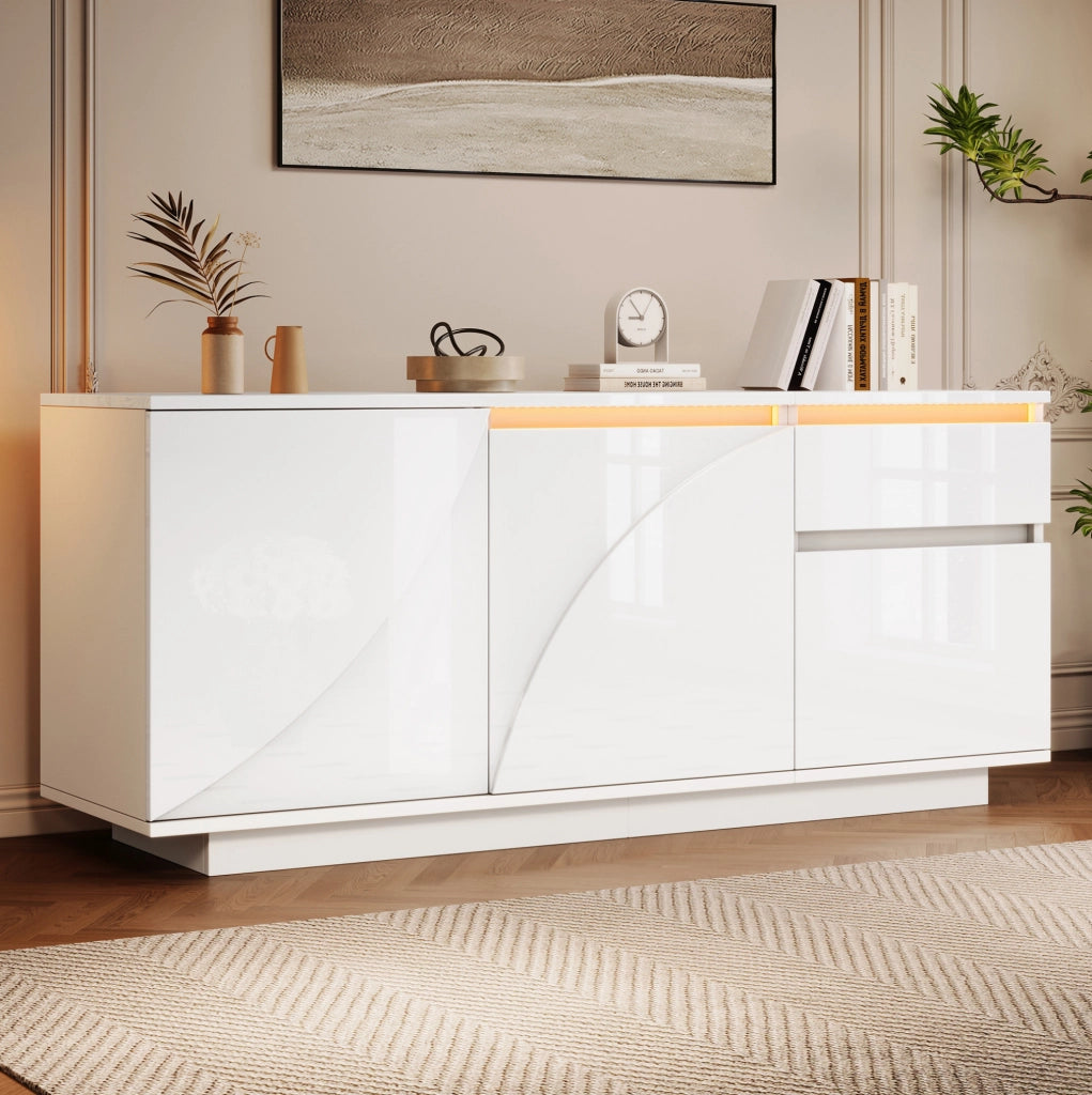 Credenza LED bianca 140x40x60 cm con 3 ante e cassetto