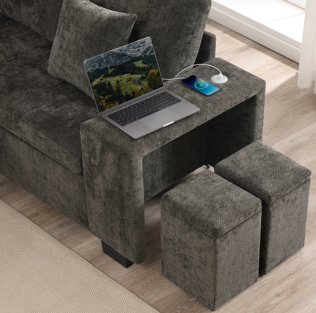 Divano letto angolare modulare 220 cm in ciniglia grigia con chaise longue reversibile e USB