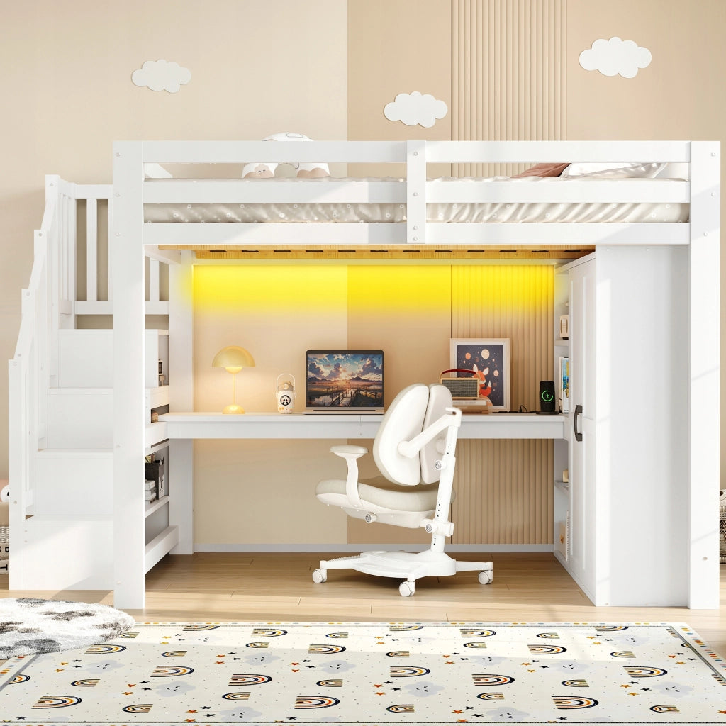 Letto a castello con scrivania e armadio - Xylo - 140x200 - Bianco - USB, LED
