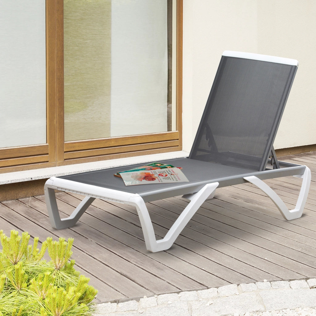 Lettino Prendisole con Schienale Reclinabile e Rotelle Posteriori, 195x67.5x33 cm, Grigio e Bianco