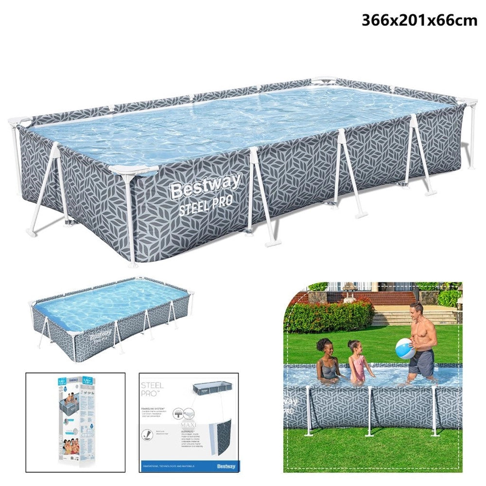 Trade Shop - Piscina Fuori Terra Steel Pro Senza Pompa 366x201x66cm Design A Foglia Rettangolare 561ft -