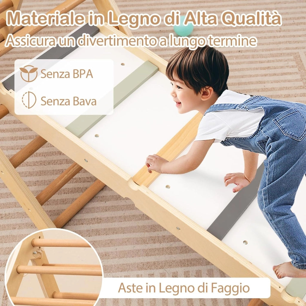 Set di Arrampicata per Bambini 3 in 1, Arrampicata in Legno Pieghevole con Rampetta a Doppia Faccia e Triangolo di Arrampicata Regolabile, Triangolo Montessoriana per Bambini 3+ Anni