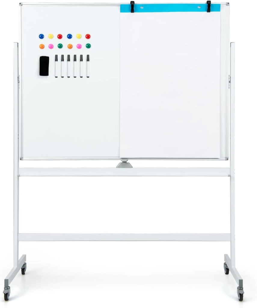 Lavagna Mobile Magnetica a Doppia Faccia, Lavagna Mobile Magnetica a Doppia Faccia con Griglia, Gomma, Magneti, Vassoio per Pennarelli (Bianco)