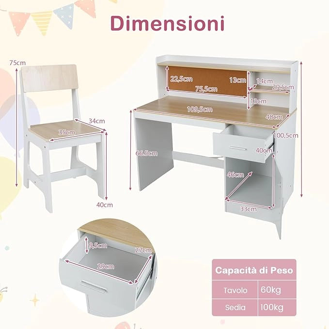 Set Scrivania e Sedia per Bambini 3+ Anni, Tavolo da Scrittura in Legno con Mensole, Cassetto e Bacheca in Sughero, Tavolo e Sedia per Disegno e Studio (Naturale)