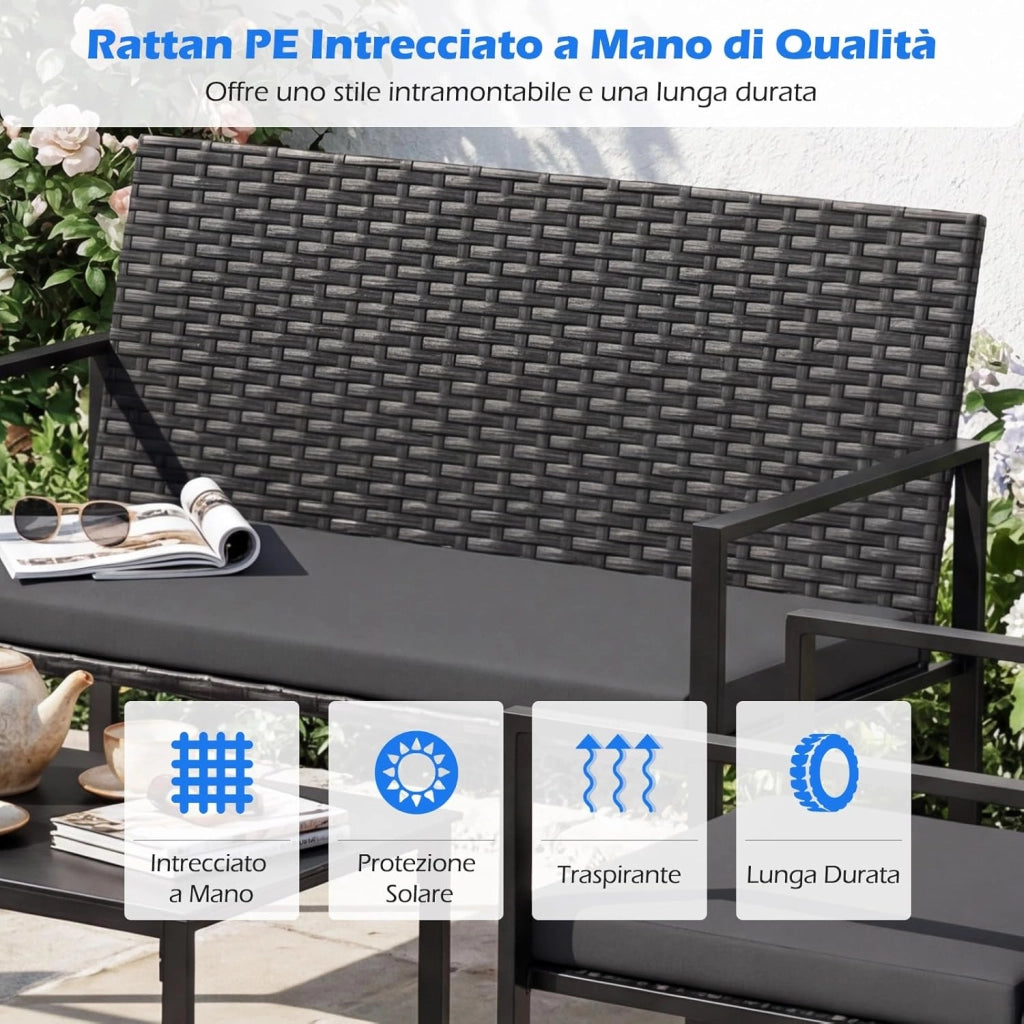 Set di Salotto da Giardino a 4 Pezzi, Poltrone e Divano per Esterno in Rattan con Tavolino da Caffè in Vetro Temperato e Cuscini Morbidi, Set di Conversazione per Cortile e Balcone (Grigio)