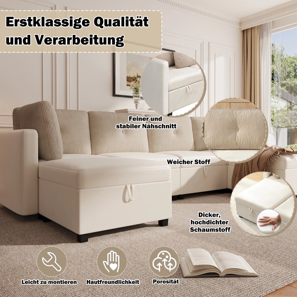 Divano modulare a U 6 posti con contenitore trasformabile in chaise longue o poltrona in velluto beige 261 × 132,5 × 85 cm