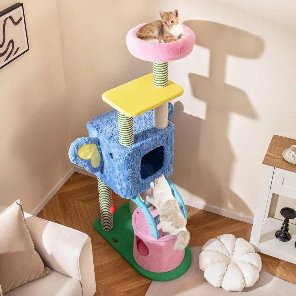 Albero per Gatti a Tema Elefante, Albero Tiragraffi per Gatti con Condomini, Ripiano Imbottito, Pali da Graffiare, Giocattolo in Peluche, Piattaforme e Cuscino Rimovibile, Cat Tree per Interno