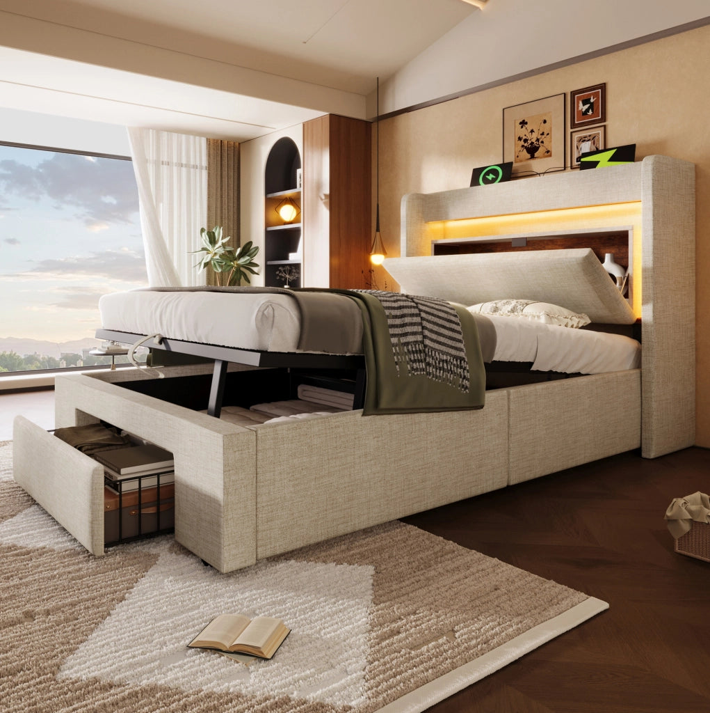 Letto contenitore 90x200 cm con LED; USB e USB C; beige; lino