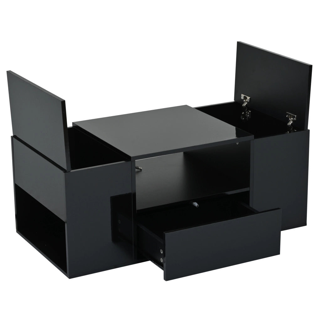 Tavolino da salotto con LED e vani contenitore; 100 x 50 x 40 cm; in truciolare nero lucido