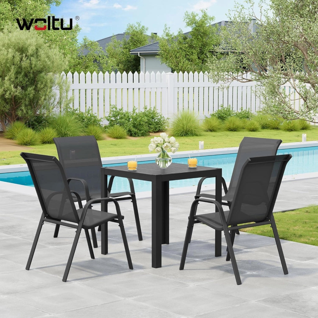 Set di 2 sedie da giardino impilabili, sedie da esterno con braccioli e schienale, per terrazza, balcone, grigio scuro
