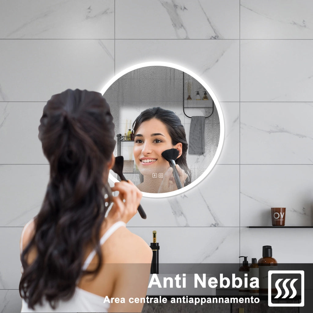 AICA Specchio da bagno 80 x 80 cm, blue tooth, 3 colori, antiappannamento, dimmerabile, interruttore touch, Funzione Memoria