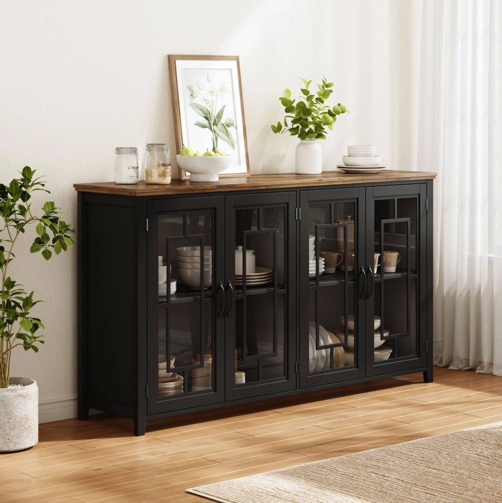 Credenza da cucina 160 cm con ante in vetro; piano effetto legno; nero