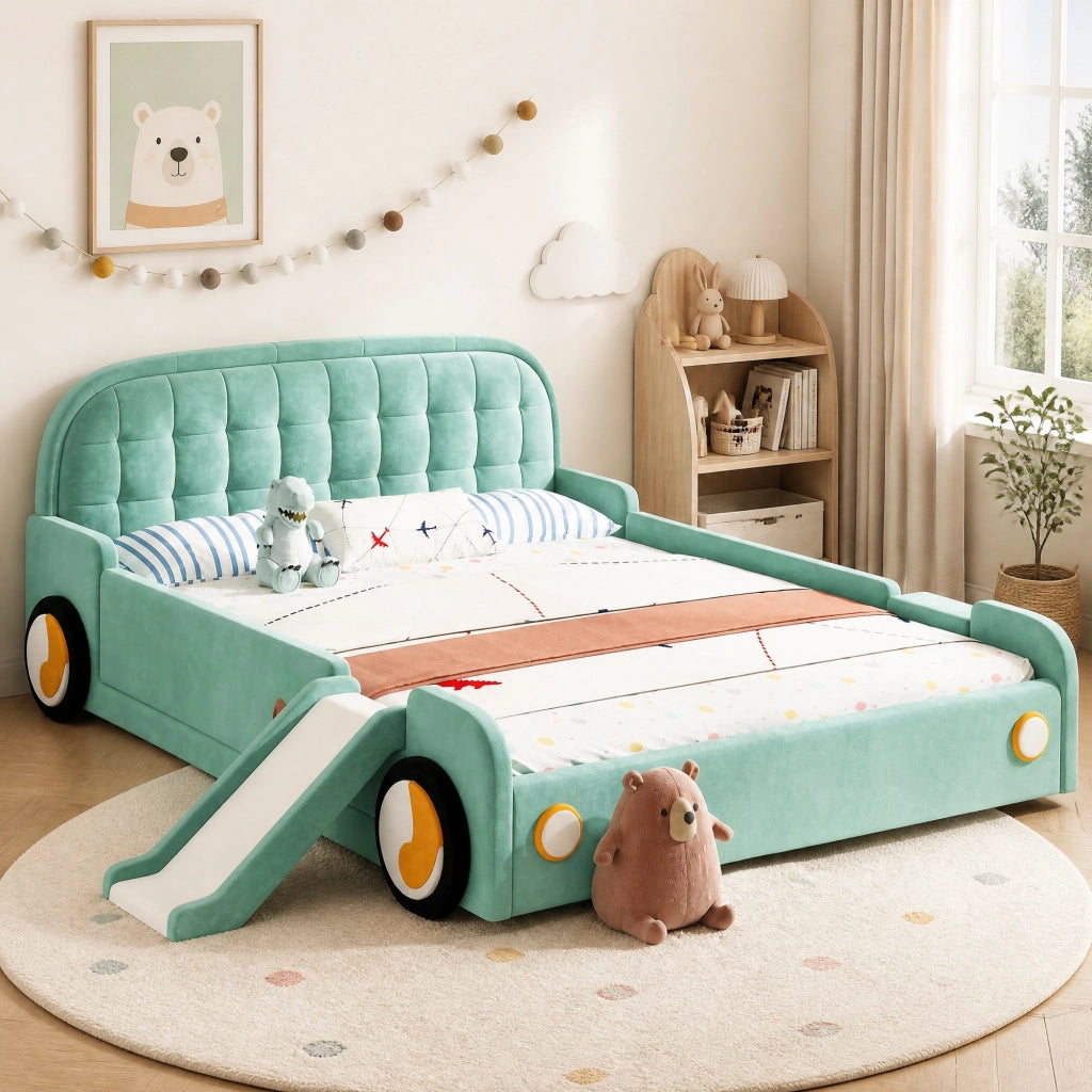 Letto per bambini a forma di auto con scivolo e scala, Blu-verde, 140x200 cm