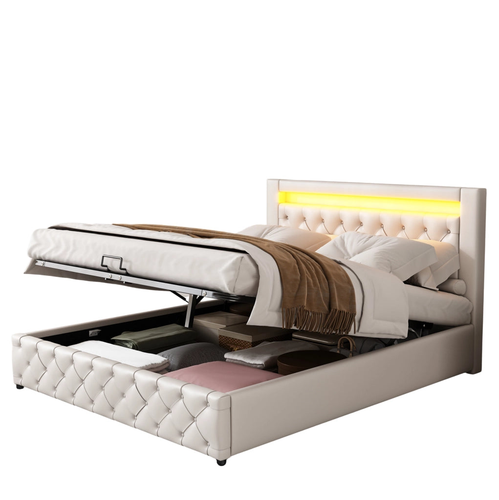 Letto matrimoniale imbottito 140x200 cm con rete a doghe; contenitore e LED; bianco in PU