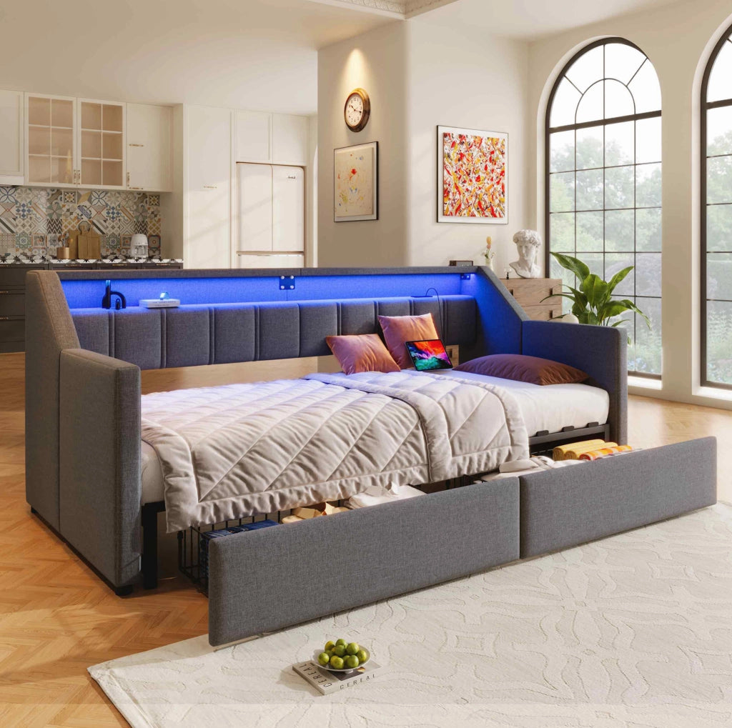 Letto multifunzionale 90x200 cm con USB, Type-C, LED e 2 cassetti