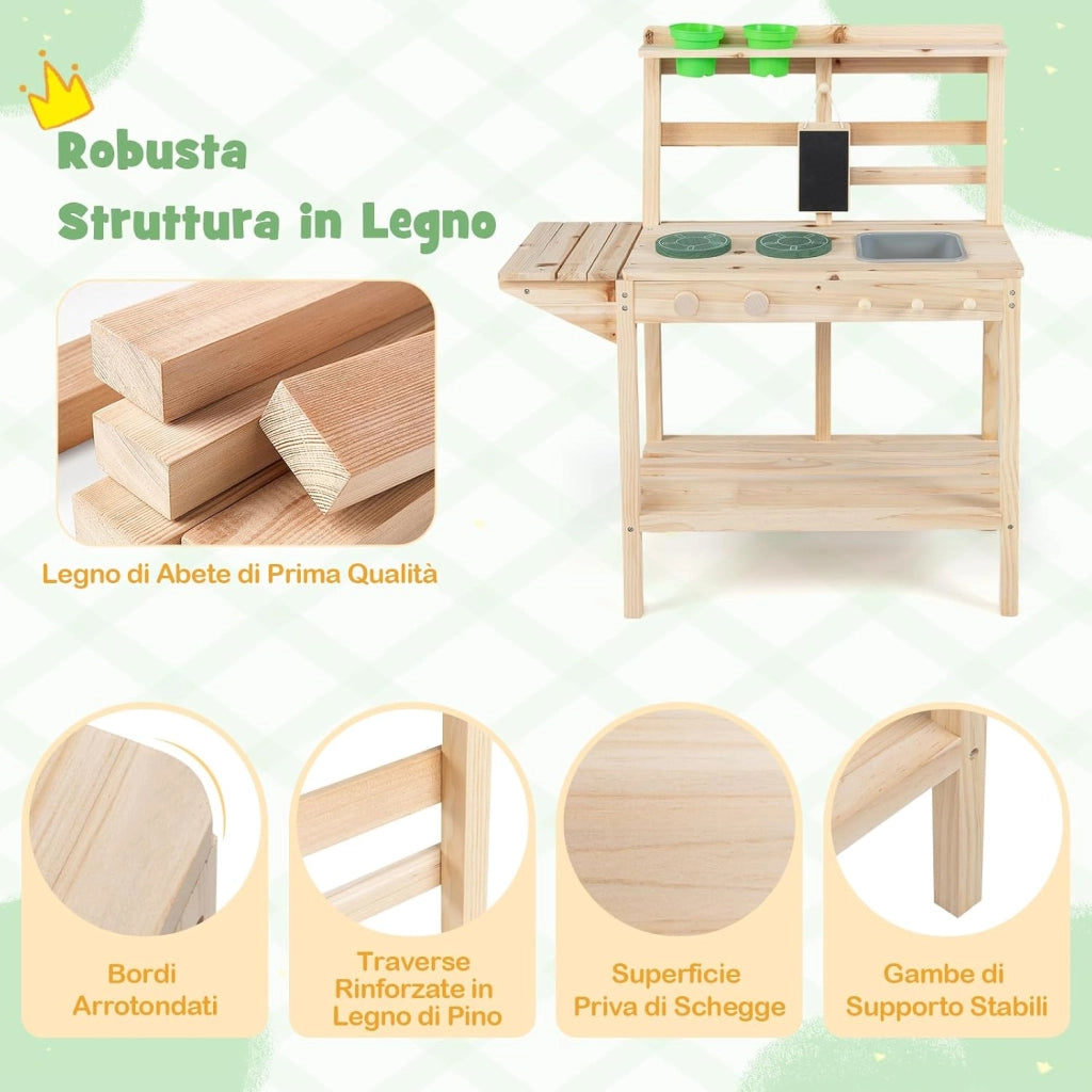 Set da Cucina Giocattolo per Bambini, Cucinetta in Legno con Fornelli, Lavello, Manopole Rotanti, Lavagna, Vasi di Fiori e Scaffali Portaoggetti, per Bambini 3+ Anni