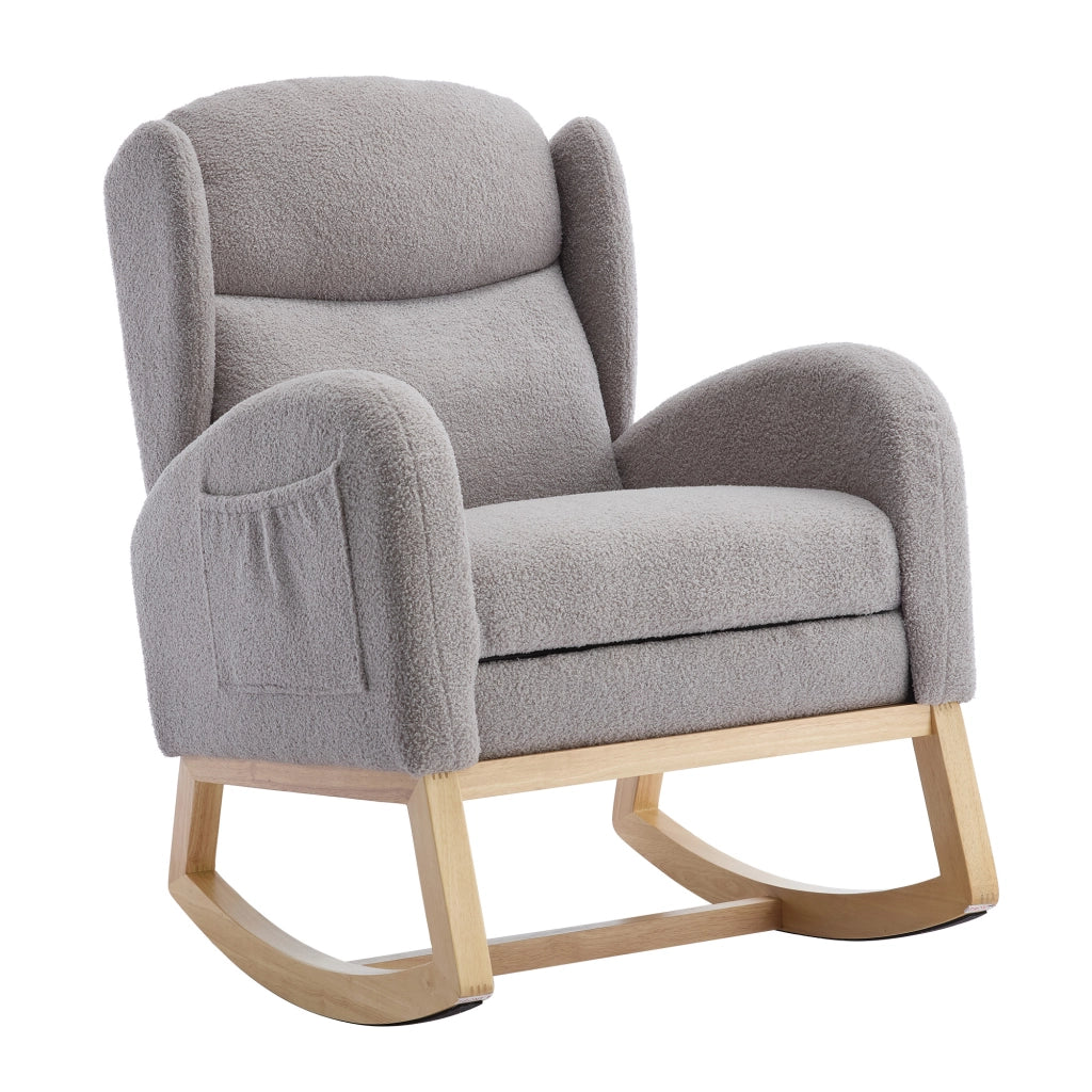 Poltrona a Dondolo con Poggiapiedi ¨C MINIMAL ¨C Tessuto Teddy, Schienale Alto, Grigio