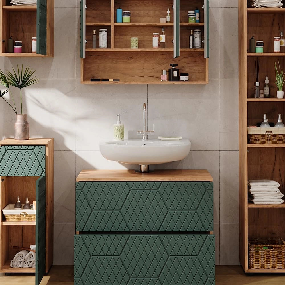 Set mobili bagno Irma, Quercia verde/oro, 5 parti