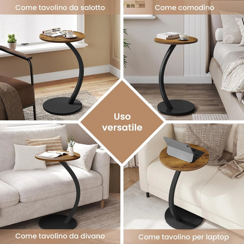 Tavolino Rotondo a Forma di C, Tavolino per Divano Letto, con Struttura in Metallo Piano in MDF, φ40xH65 cm, Nero, BTS21sz