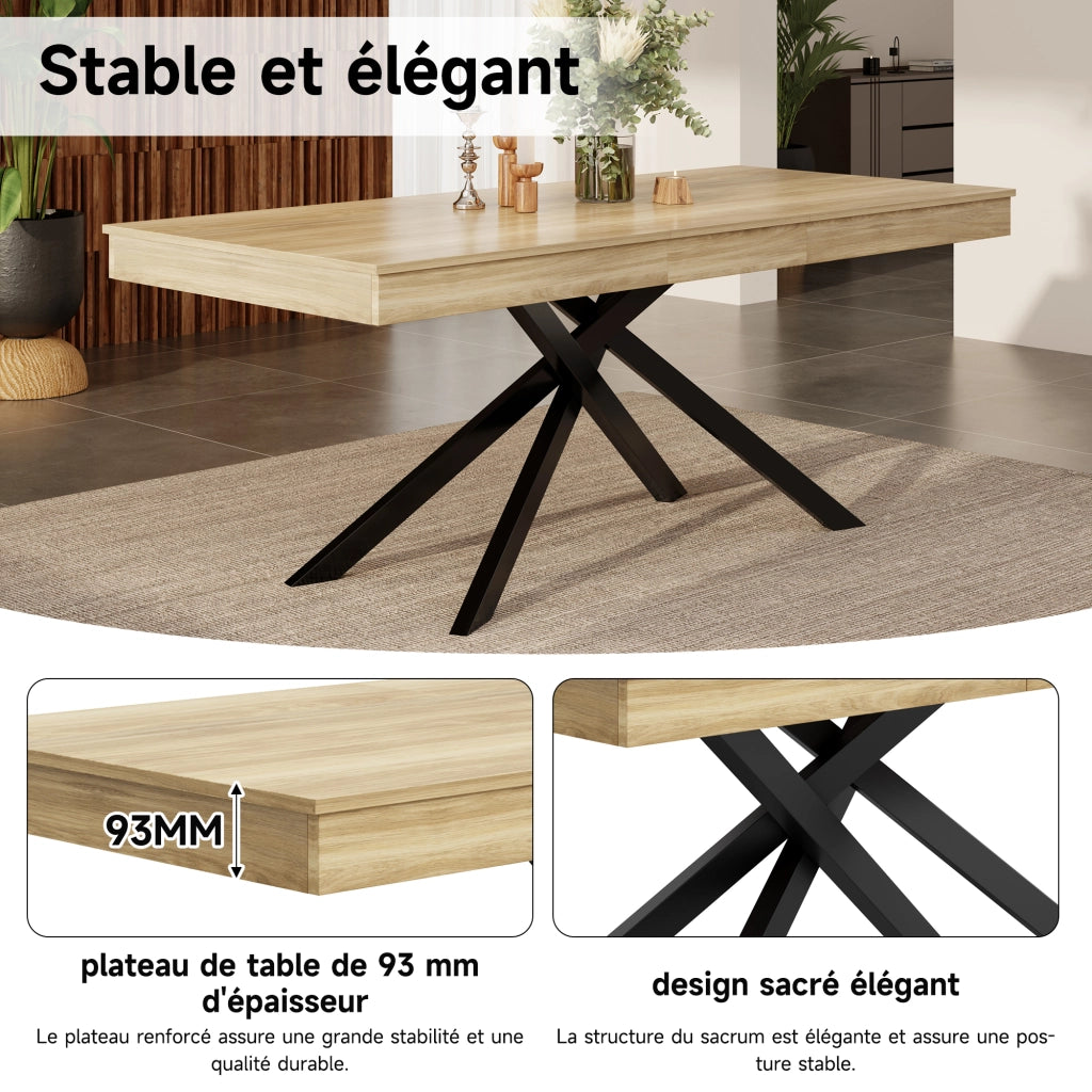 Tavolo da pranzo allungabile per 6-8 persone con piano spesso e gambe incrociate per cucina e soggiorno in MDF rovere