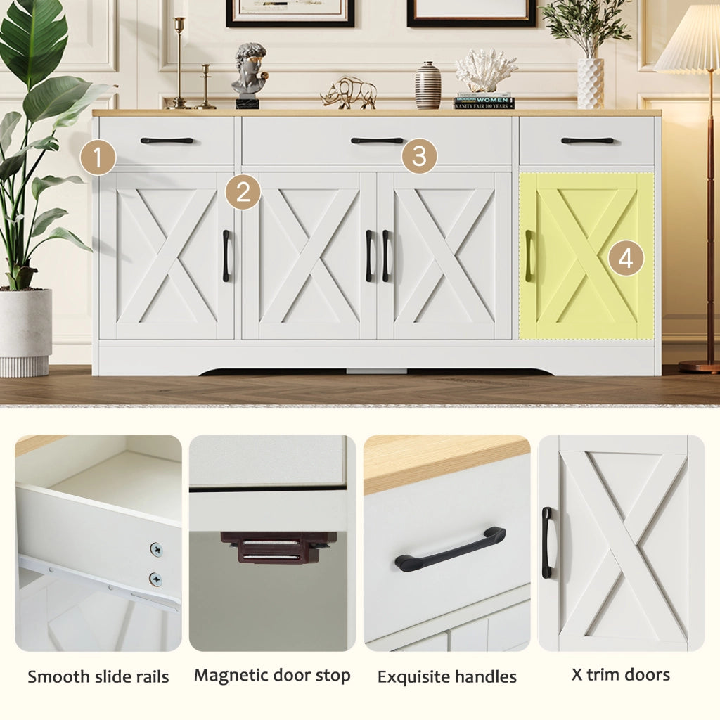Credenza e madia con 3 cassetti e 4 ante in MDF, stile industriale, per soggiorno e ingresso, bianco 160 × 37 × 75 cm