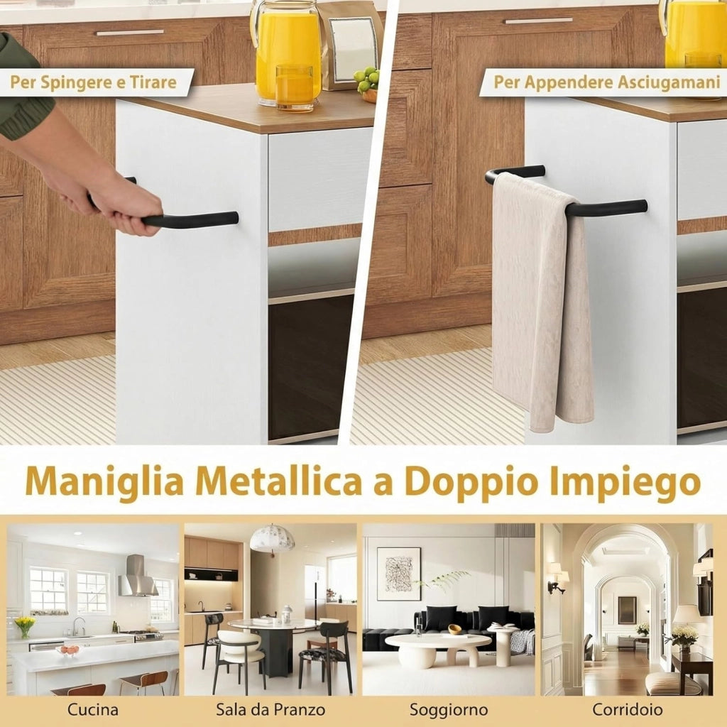 Carrello da Cucina con Ruote, Isola da Cucina con 3 Portaspezie 1 Cassetto Armadietto a 2 Porte, Carrello Portaoggetti con Portasciugamani, 82x46x92 cm (Bianco)