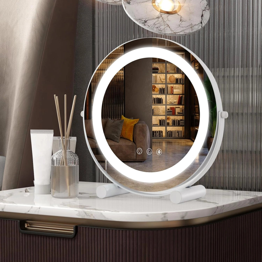 Specchio da Trucco con Luci, Specchio Rotondo con Luminosità Regolabile a 3 Colori, Controllo Tattile Intelligente, Rotazione a 360° e Funzione di Memoria, 30 CM