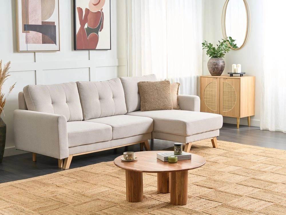 Divano angolare 3 posti sinistro imbottito in tessuto beige con funzione di dormiente e schienale imbottito estraibile Gambe in legno
