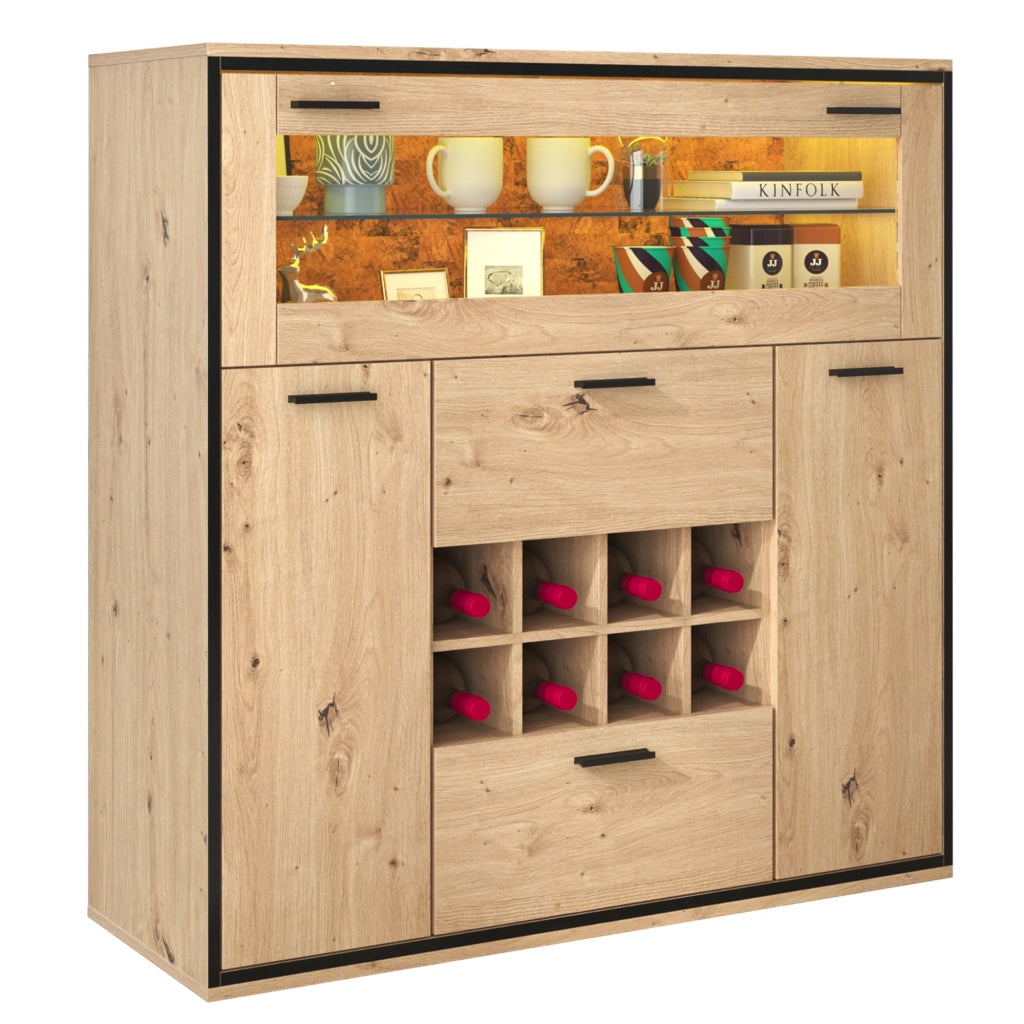 Credenza con 2 Ante; Portabottiglie e Divisorio in Vetro; LED 16 Colori; in Pannelli di Particelle; Naturale; 110¡Á38¡Á111 cm