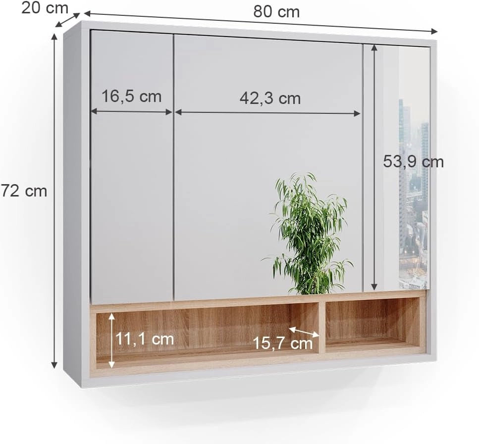 Specchio contenitore bagno Beatrice, Bianco, 80 x 72 cm, per montaggio a parete con ripiani aperti