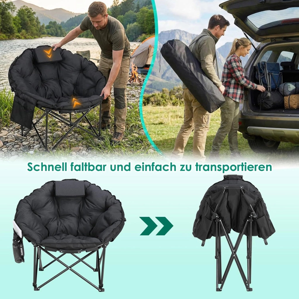 Sedia da campeggio 95 x 83 x 93 cm, sedia pieghevole Moon con seduta imbottita in cotone, poggiatesta, portabicchieri, piedini antiscivolo, borsa portaoggetti e supporto, 150 kg, portatile