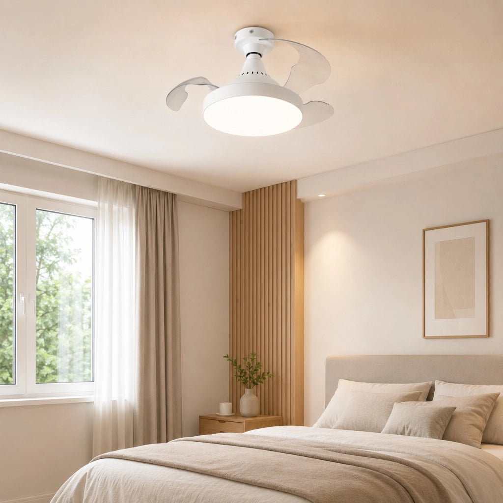 Ventilatore da Soffitto con Luce LED E27 Pale Retrattili Telecomando 4 Velocità e 3 Temperature Colore Dimmerabile