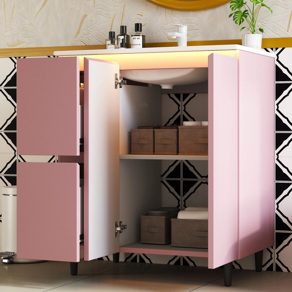 Mobile bagno con 2 cassetti e lavabo integrato; LED e piedini alti per bagno; rosa; 76×47×89 cm